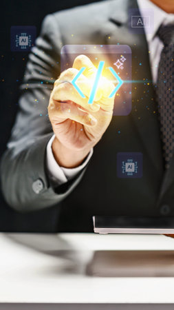 A professional in a suit touches a glowing digital coding icon, representing the use of artificial intelligence in software development and modern technology solutionsの写真素材