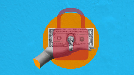 Digital collage art of a grayscale hand holding a dollar bill under a red padlock icon, representing financial security, savings protection, and money safety on a blue backgroundの写真素材