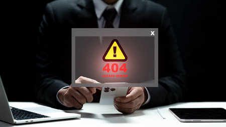 A professional man in a suit faces a digital 404 access denied warning on his smartphone. Concept of...