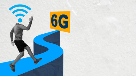 A creative collage representing the race to the future of 6G technology. A man with a wifi symbol for a head runs towards a sign representing 6G on a stylized pathの写真素材