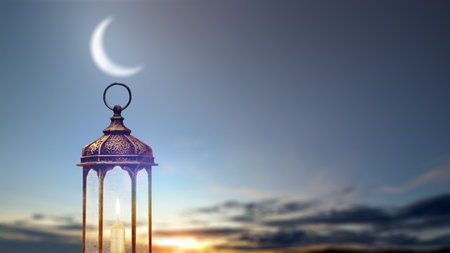 Atmospheric image of a traditional Arabic lantern with a lit candle under a crescent moon at sunset....