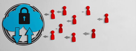 A conceptual illustration showing a secure blue cloud with a padlock. Red human icons and arrows...