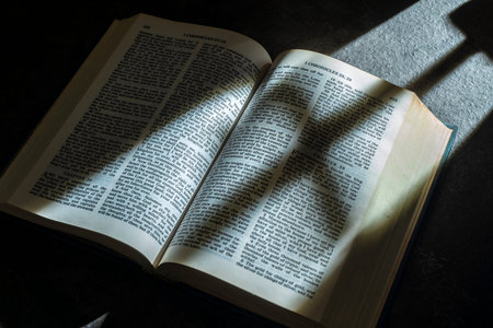 An open Holy Bible displays the text of I Chronicles 28 and 29. Dramatic sunlight creates a strong diagonal shadow across the pages, highlighting the paper texture and spiritual atmosphereの写真素材