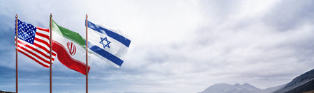 National flags of USA, Iran, and Israel waving side-by-side against an overcast sky and mountain...