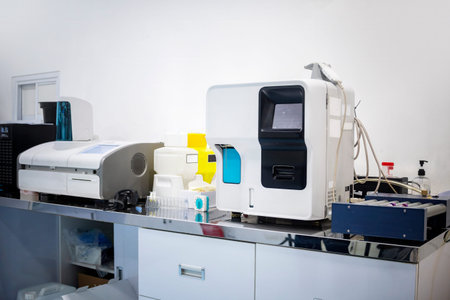 Close up of modern medical laboratory analyzer equipment sitting on a stainless steel countertop in...