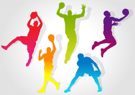 five man playing basketball and colorful background shadow Silhouetteのイラスト素材
