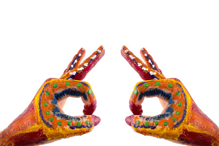 Painted hands, colorful fun  Creative, funny and artistic means happy  Isolated on white の写真素材