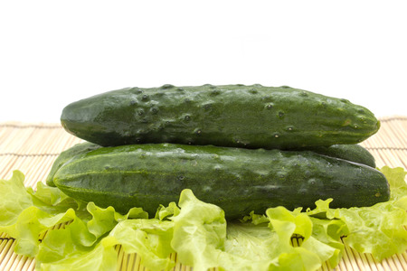 fresh cucumbers with lettuce on a wooden backgroundの写真素材