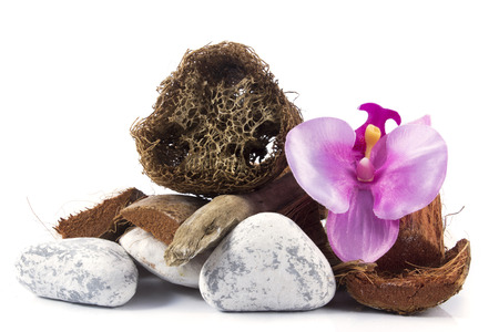 Spa and wellness setting with towel, orchid, wooden parts, natural loofah sponge on a white background with clipping pathの写真素材