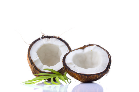 Coconuts with leaves on a white backgroundの写真素材