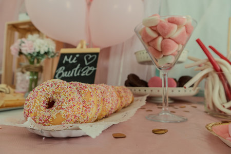 A close-up of a festive pink-themed dessert table, featuring a line of glazed donuts with sprinkles and a glass of heart-shaped marshmallows.の写真素材