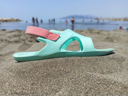 Lonely Sandal on the Beach: A Day at the Sea
A single light blue sandal with a pink strap sits abandoned on the dark sand of a beach, with a blurred ocean and people in the backgrの写真素材