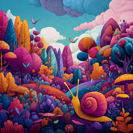 Vibrant snail exploring a surreal, colorful forest with whimsical plants and butterflies, showcasing a dreamy, otherworldly atmosphereの素材