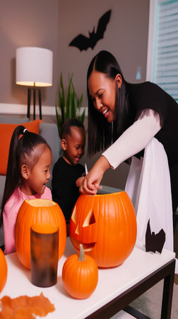 Mother and children carving pumpkins together for halloween party at homeの素材
