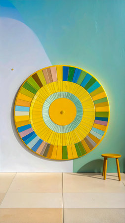 Round color wheel hanging on a wall with two-tone background, representing diversity and inclusionの素材