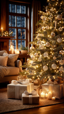 Warm Christmas scene featuring an illuminated Christmas tree, wrapped presents, and lit candles in a cozy living room, creating a festive atmosphereの素材