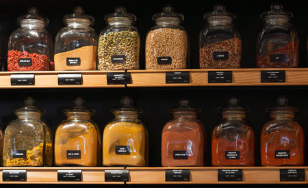 Various colorful spices and herbs displayed in glass jars on wooden shelves for bulk purchase in a retail storeの写真素材