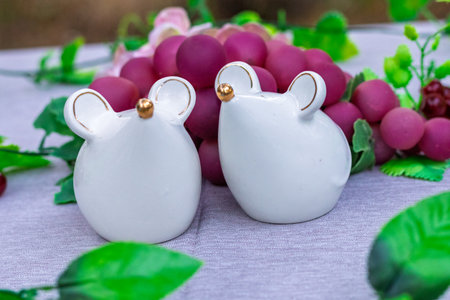 Ceramic mouse-shaped salt and pepper shakers standing on a table with decorative grapes in the backgroundの写真素材