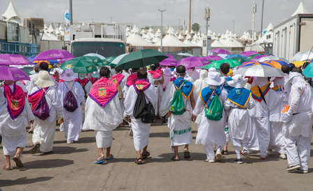 Hajj pilgrims walking, Day time, Performing Hajj, Mina, Makkah, Saudi Arabia, August 2019のeditorial素材