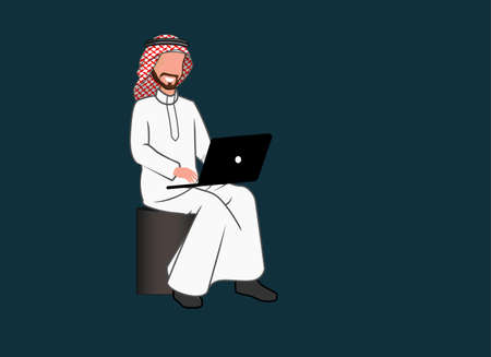 a Saudi man sitting with a laptop and working, A corporate Saudi man working on laptopのイラスト素材
