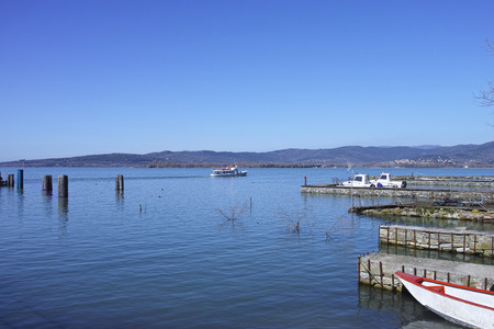 view of trasimeno lake in umbria regionの写真素材