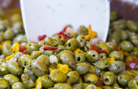 green olive at market in the town of la speziaの写真素材