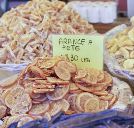 orange candid fruit at marketの写真素材