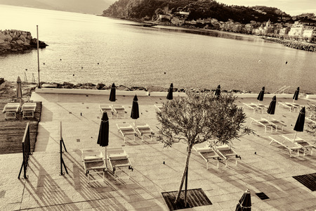 detail of deck chair's in winter timeの写真素材
