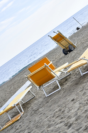 detail of deck chair's in winter timeの写真素材
