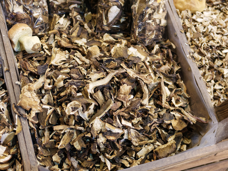 dry mushroom boletus edulis in a marketの写真素材