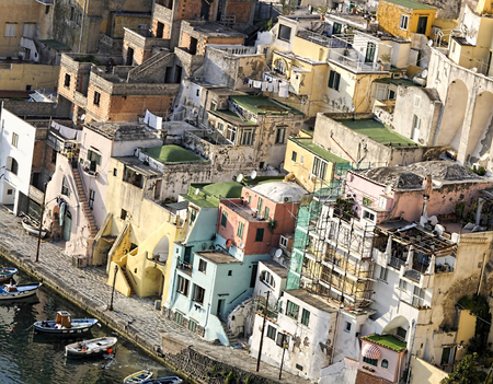 Colorful houses of Corricella village on Procida Island in Italyの写真素材