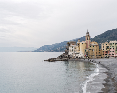 Scenic Mediterranean riviera coast. Panoramic view of Camogli town in Liguria, Italyの写真素材