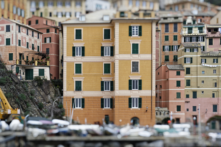 Scenic Mediterranean riviera coast. Panoramic view of Camogli town in Liguria, Italyの写真素材