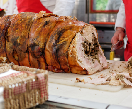 a italian porchetta at market in italyの写真素材