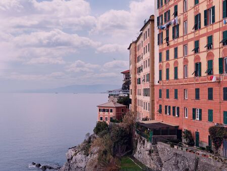 Scenic Mediterranean riviera coast. Panoramic view of Camogli town in Liguria, Italyの写真素材