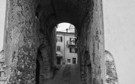 black and white photo of vezzano a medieval village near la speziaの写真素材