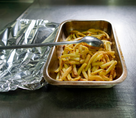 delicious fried potatoes in a galleyの写真素材