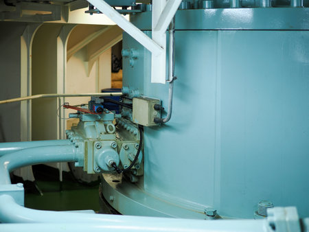 steering gear. Rudder machine. Hydraulic pump. Marine engine. Steering room on big vessel.