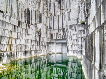 Lake Valsora Massa Carrara Tuscany Italy A lake set in a white marble quarryの写真素材
