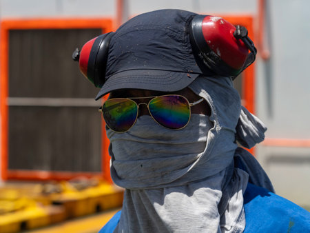 portrait of philipino bosun ready for working on board a big merchant shipの写真素材