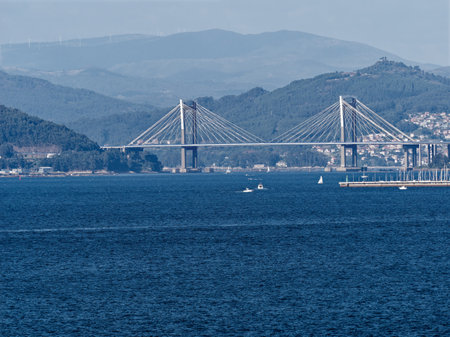 View of the Ria de Vigo with the Rande bridge, in Galicia, Spainの写真素材