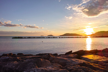 gulf of la Spezia during sunset in winter timeの写真素材