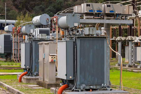 Electrical power transformer in high voltage substation.