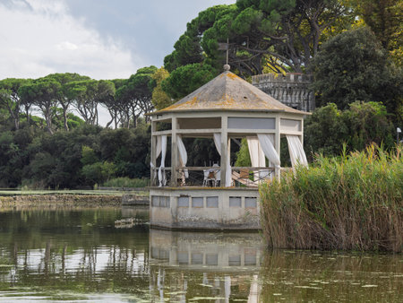 Torre del Lago Puccini, Viareggio, Lucca, Tuscany, Italy: landscape of the Lake of Massaciuccoli with a gazebo and the tower of an ancient villa in the pine forestの写真素材