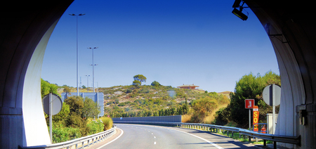 departure from the tunnel, behind the mountain, sea, Spain, Cataloniaの写真素材