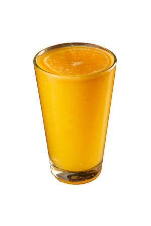 Orange Juice Glass, Isolated on White Background With Slice on Topの写真素材