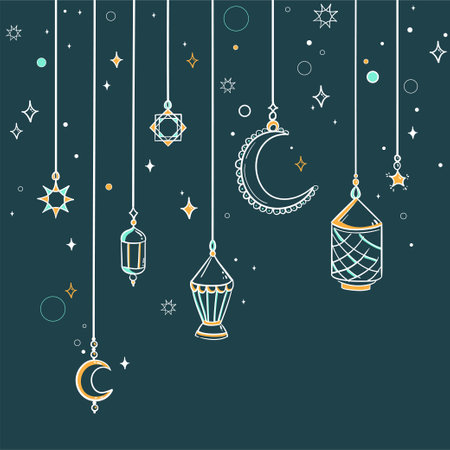 Islamic art Style Background. Symbols of Ramadan Mubarak,arabic lamps, lanterns moon, star, art vector and illustrationのイラスト素材