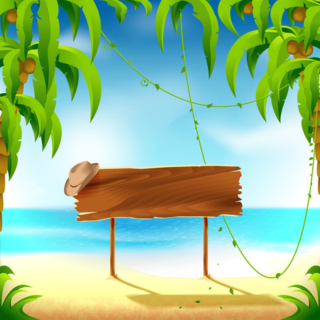 Beach, wooden sign, resort vacation, vector illustrationのイラスト素材