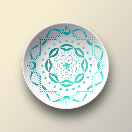 Saucer painted with ornaments. Volume saucer. Arabic stylistics. Vector illustrationのイラスト素材