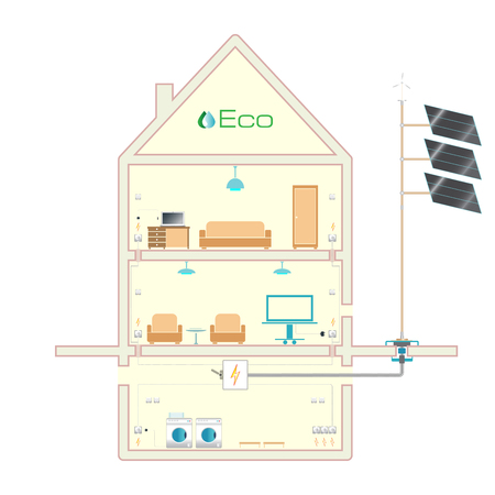 Ecohouse. Alternative energy sources, flat style, isolated imageの写真素材